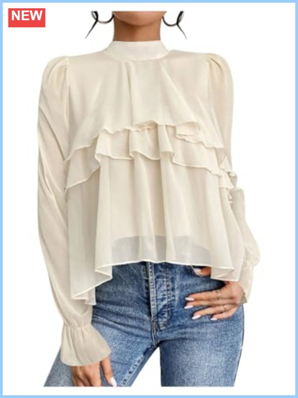 Women's Ruffled Layered Blouse Puff Sleeve Chiffon Flowy Work Top